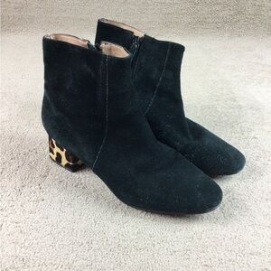 Anthropologie Black Ankle Boots Womens Size 7.5 leopard heel side zip leather
